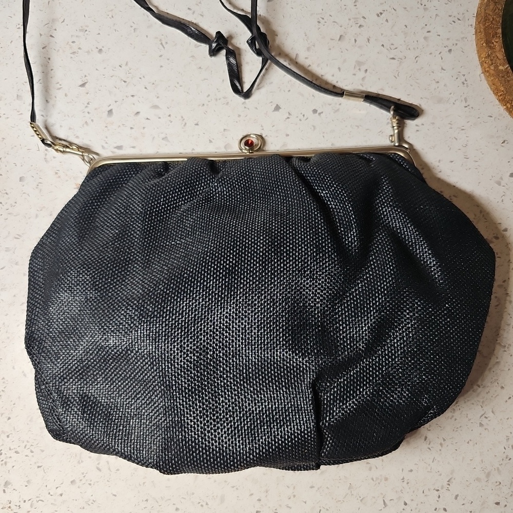 Vintage Italian Structured Frame Purse – Black Woven Fabric & Silvertone Hardwar